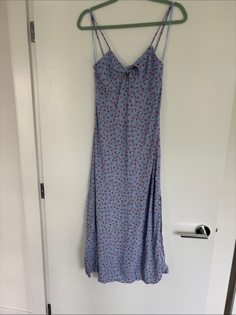 Zara Light Blue Floral Midi Slip Dress with Red Accents